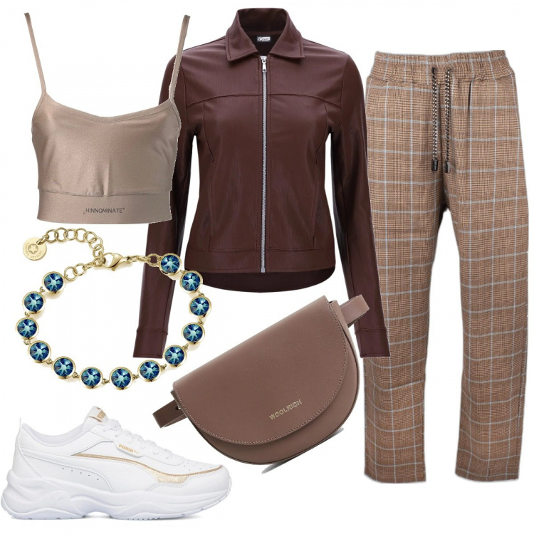 Outfit donna - Casual #4954. Stile Casual per Tutti i giorni. Abbinamento con pantaloni, top, borse a tracolla, braccialetti, cappotti, sneakers.