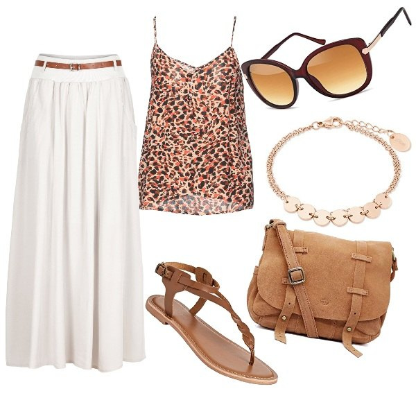 Outfit donna - Bianco e cuoio. Stile Boho per Tutti i giorni. Abbinamento con gonne lunghe, top, borse a tracolla, sandali, braccialetti, occhiali da sole.