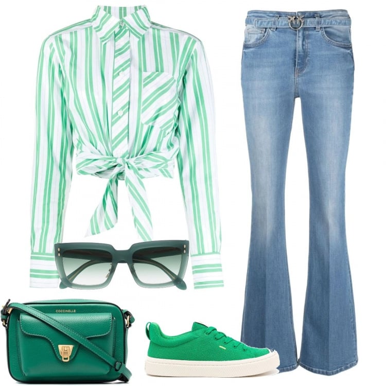 Outfit donna - Verde speranza. Stile Casual chic per Tutti i giorni. Abbinamento con jeans, borse a tracolla, camicie, sneakers, occhiali da sole.
