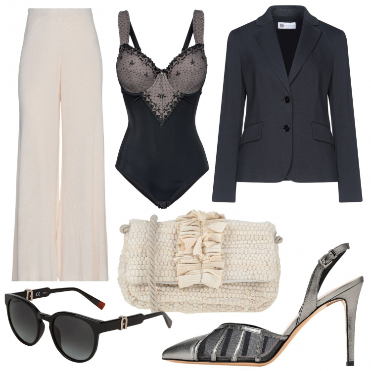 Outfit donna - Primavera: beige e sling back. Stile Bon Ton per Cerimonia. Abbinamento con body, pantaloni, décolleté, blazer, occhiali da sole, borse a tracolla.