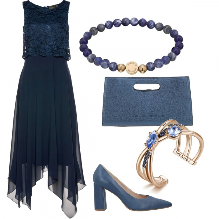 Outfit donna - Classic blue. Stile Chic per Cerimonia. Abbinamento con vestiti midi/longuette, décolleté, borse a mano, anelli, braccialetti.