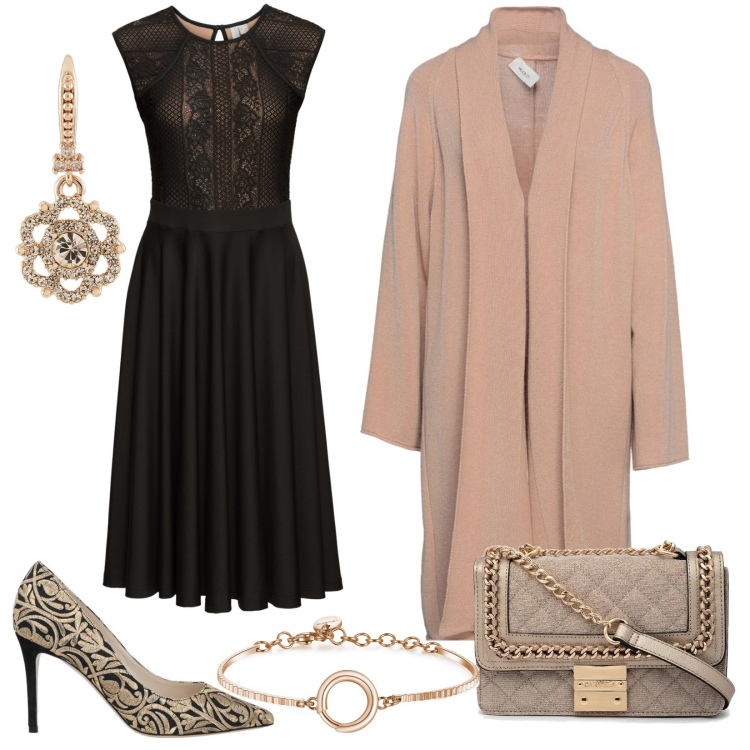 Outfit donna - Glamour al ricevimento. Stile Glamour per Cerimonia. Abbinamento con vestiti, cardigans, décolleté, braccialetti, orecchini, borse a spalla.