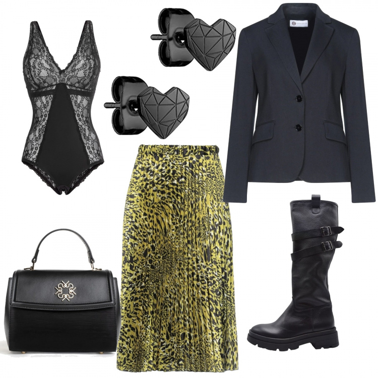 Outfit donna - 8 marzo. Stile Rock per Serata fuori. Abbinamento con body, gonne longuette, stivali, blazer, borse a mano, orecchini.