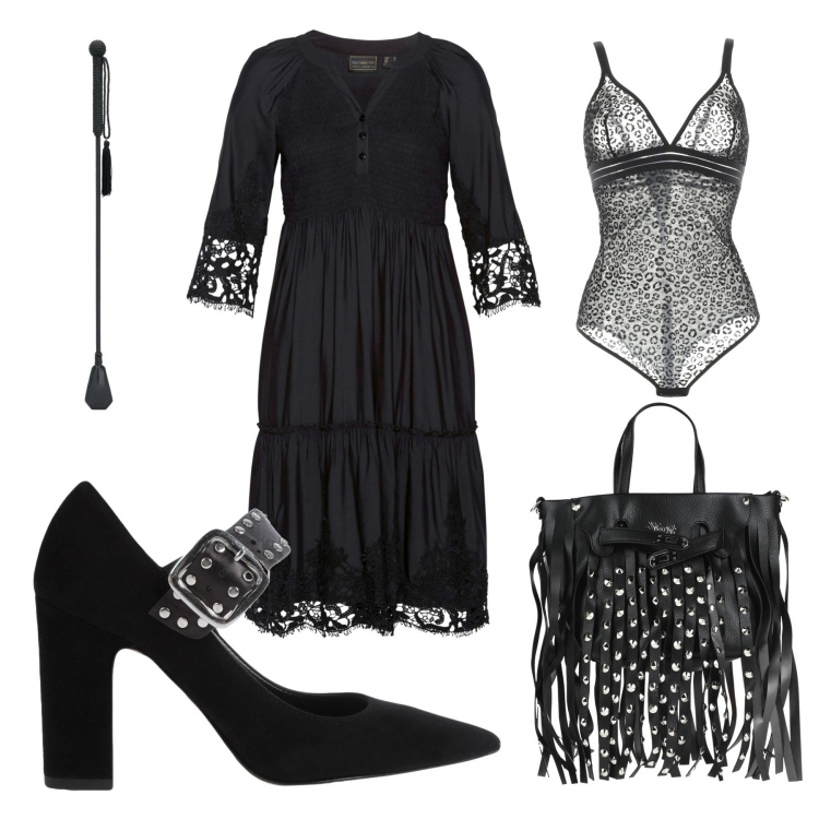 Outfit donna - Black by night. Stile Sexy per Serata fuori. Abbinamento con vestiti chemisier, body, décolleté, borse a mano, ciondoli.