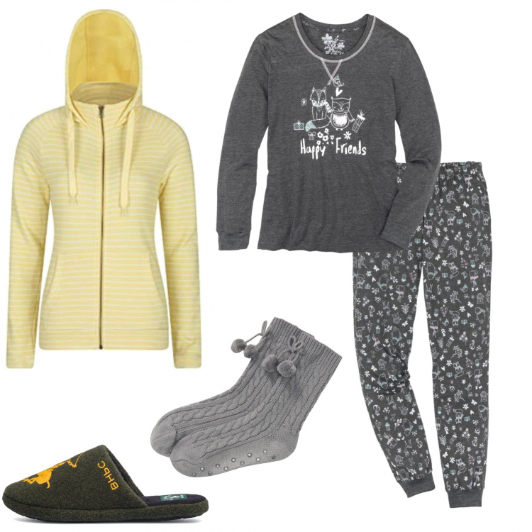 Outfit donna - In pigiama. Stile Basic per Tutti i giorni. Abbinamento con pigiama, calzini, pantofole, felpe con cappuccio.