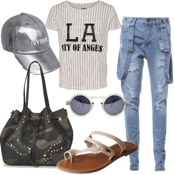 Outfit donna - Street mood. Stile Urban per Tutti i giorni. look ideale per Tall. Abbinamento con borsa multicolore, occhiali da sole, infradito beige e grigio, jeans con bretelle in denim 80% cotone, cappello con visiera da ginnastica effetto metallizzato con fibbia e logo, top con stampa collo tondo a maniche corte elasticizzato bianco.