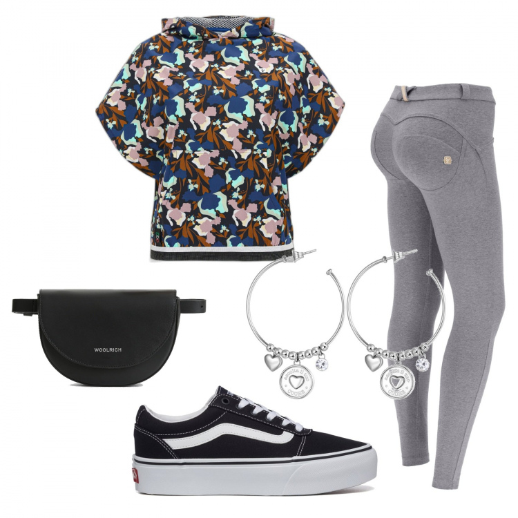 Outfit donna - Profumi primaverili. Stile Sporty chic per Scuola/Università. Abbinamento con borse a tracolla, orecchini, pantaloni skinny, t-shirt, sneakers.