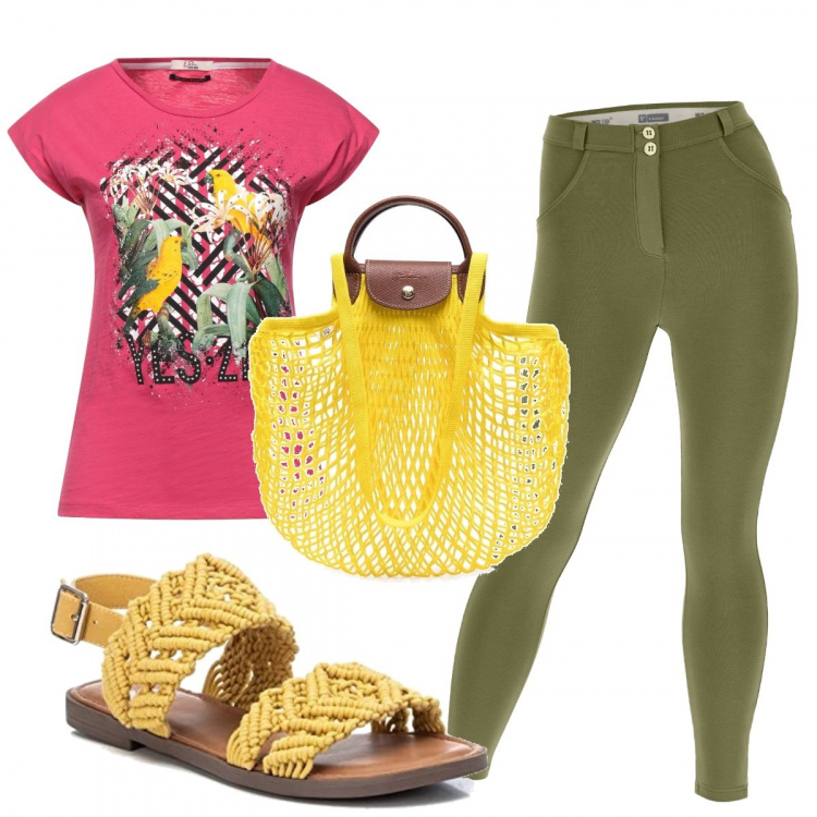 Outfit donna - Total look #1286832. Stile Casual chic per Tutti i giorni. Abbinamento con t-shirt, borse tote, pantaloni skinny, sandali.