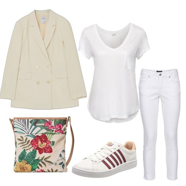 Outfit donna - Total white. Stile Casual per Ufficio. Abbinamento con t-shirt, pantaloni, giacche, sneakers, borse a tracolla.