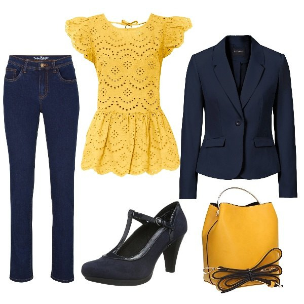 Outfit donna - Giallo e blu. Stile Casual chic per Ufficio. Abbinamento con blazer, bluse, jeans, borse a tracolla, scarpe col tacco.