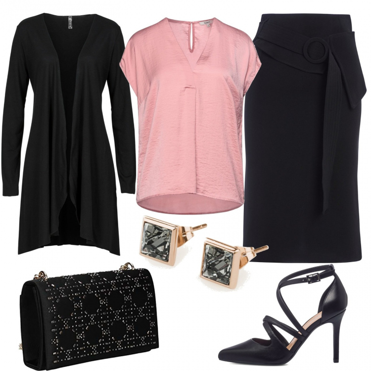 Outfit donna - Total look #1286962. Stile Chic per Serata fuori. Abbinamento con cardigans, bluse, gonne longuette, orecchini, décolleté, pochette.