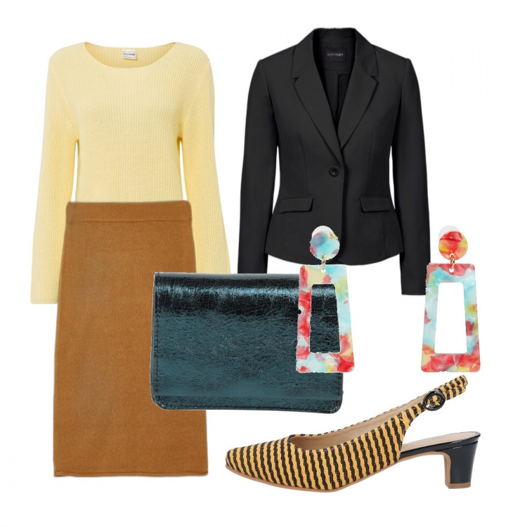 Outfit donna - Con la pochette metallizzata. Stile Vintage retrò per Serata fuori. Abbinamento con décolleté, borse a mano, orecchini, blazer, maglieria, gonne.