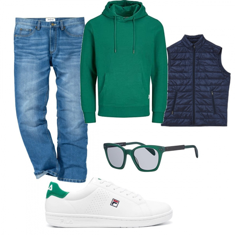 Outfit uomo - Le sneakers Fila. Stile Casual per Tutti i giorni. Abbinamento con jeans dritti, piumini, sneakers, felpe con cappuccio, occhiali da sole.