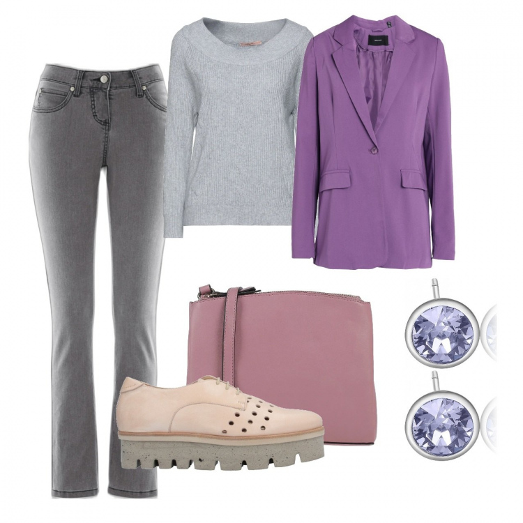 Outfit donna - Grigio illuminato. Stile Casual per Ufficio. Abbinamento con jeans slim fit, pullovers, scarpe stringate, blazer, borse a tracolla, orecchini.