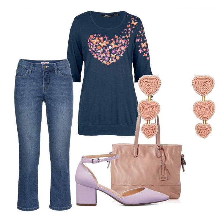 Outfit donna - Il cuore della primavera. Stile Bon Ton per Tutti i giorni. Abbinamento con orecchini, maglieria, jeans dritti, décolleté, shopping bag.