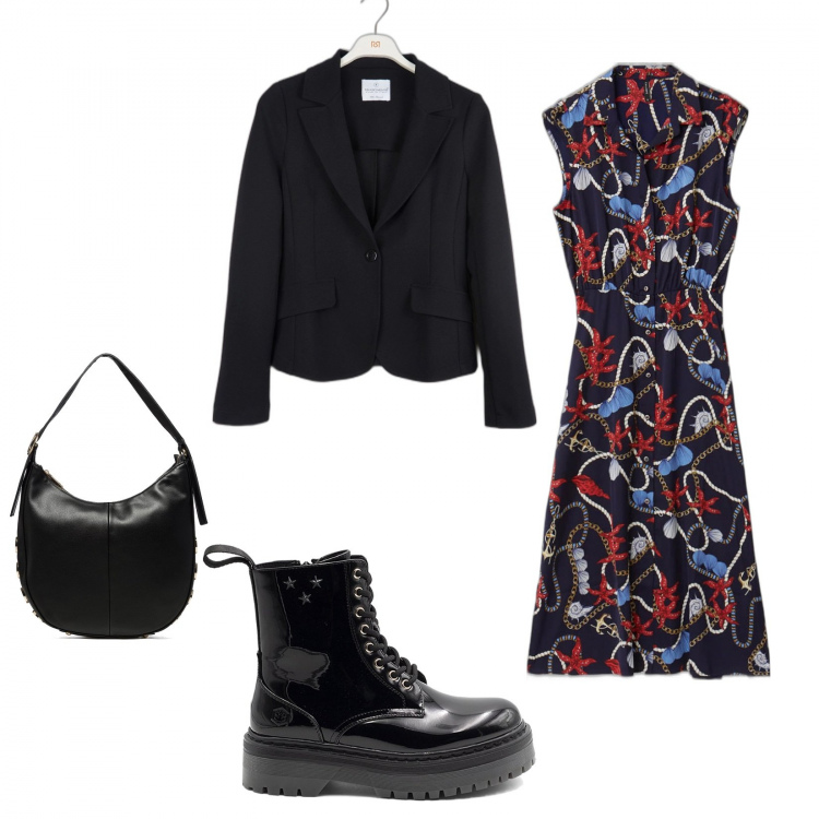 Outfit donna - Casual #5043. Stile Casual Abbinamento con blazer, vestiti chemisier, anfibi, borse a spalla.