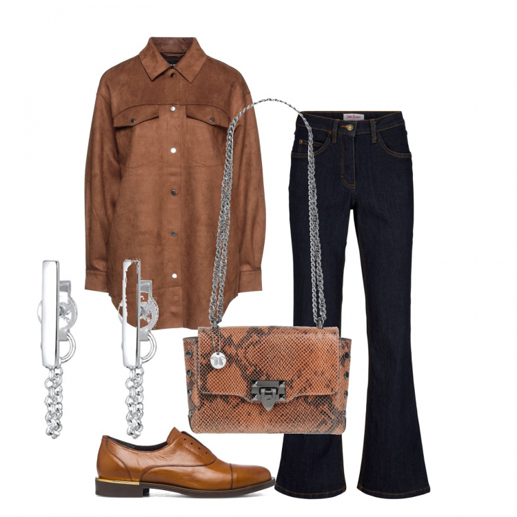 Outfit donna - I jeans a campana. Stile Trendy per Tutti i giorni. Abbinamento con jeans bootcut, borse a spalla, camicie, scarpe stringate, orecchini.