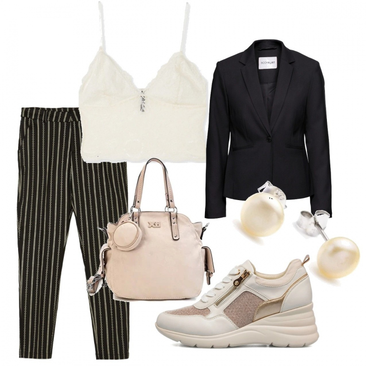 Outfit donna - Il top in pizzo. Stile Urban per Serata fuori. Abbinamento con blazer, pantaloni, top, sneakers, borse a spalla, orecchini.