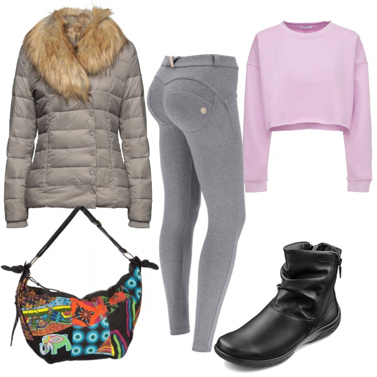 Outfit donna - Una borsa coloratissima. Stile Sporty chic per Tutti i giorni. Abbinamento con piumini, pantaloni skinny, stivaletti, borse a tracolla, felpe.