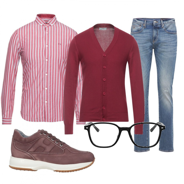 Outfit uomo - Total look #1287815. Stile Casual per Ufficio. Abbinamento con cardigans, sneakers, camicie, jeans, occhiali da sole.