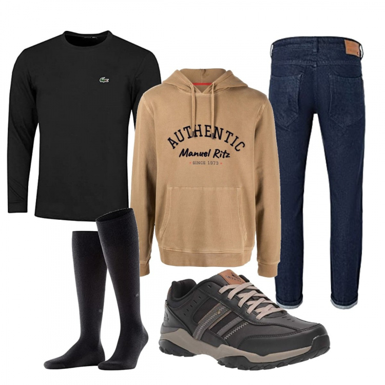 Outfit uomo - Total look #1287823. Stile Urban per Tutti i giorni. Abbinamento con felpe con cappuccio, t-shirt, sneakers, jeans slim fit, calzini.