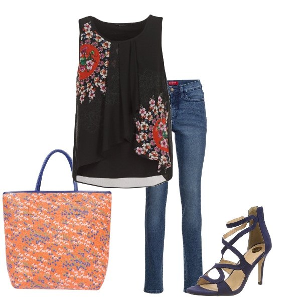 Outfit donna - Basic #10761. Stile Basic per Tutti i giorni. Abbinamento con jeans slim fit, borsa a mano fantasia multicolore in pelle martellata taglia media doppio manico interno sfoderato, top nero, sandali con cinturino navy.