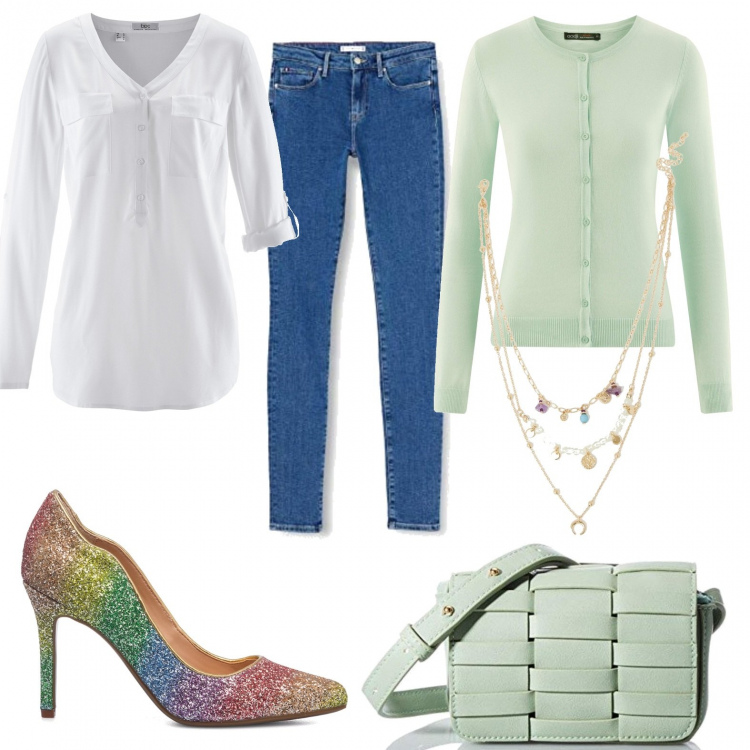 Outfit donna - Jeans e verde acqua. Stile Glamour per Serata fuori. Abbinamento con bluse, ciondoli, décolleté, borse a tracolla, cardigans, pantaloni skinny.