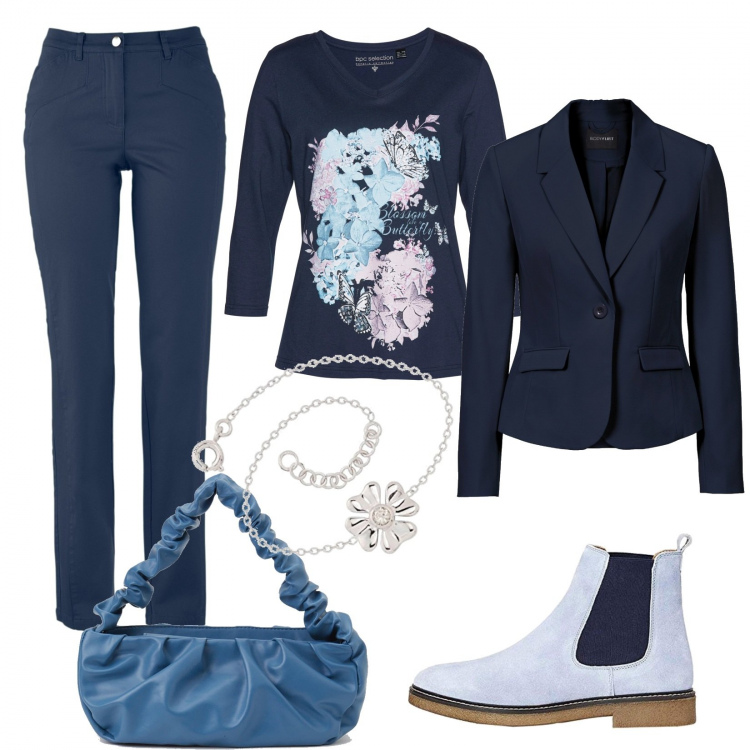 Outfit donna - Primavera alle porte. Stile Casual per Tutti i giorni. Abbinamento con blazer, maglieria, pantaloni, borse a mano, stivaletti chelsea, braccialetti.