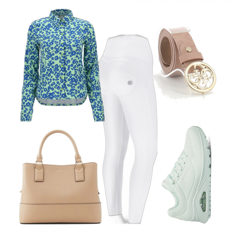 Outfit donna - Latte e menta in primavera. Stile Casual chic per Tutti i giorni. Abbinamento con pantaloni skinny, camicie, cinture, sneakers, borse a mano.