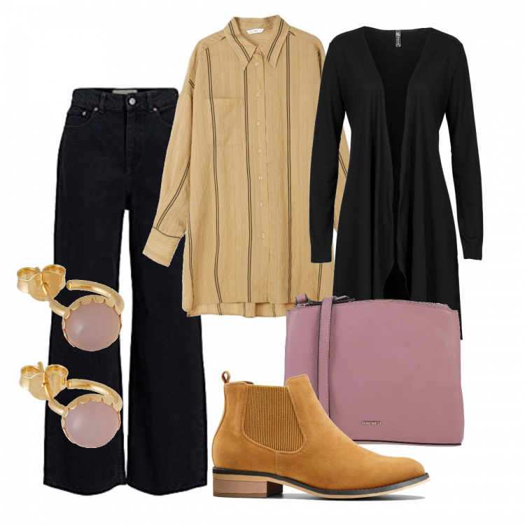 Outfit donna - Camicione e maxi cardigan. Stile Urban per Ufficio. Abbinamento con cardigans, stivaletti chelsea, orecchini, borse a tracolla, camicie, jeans.