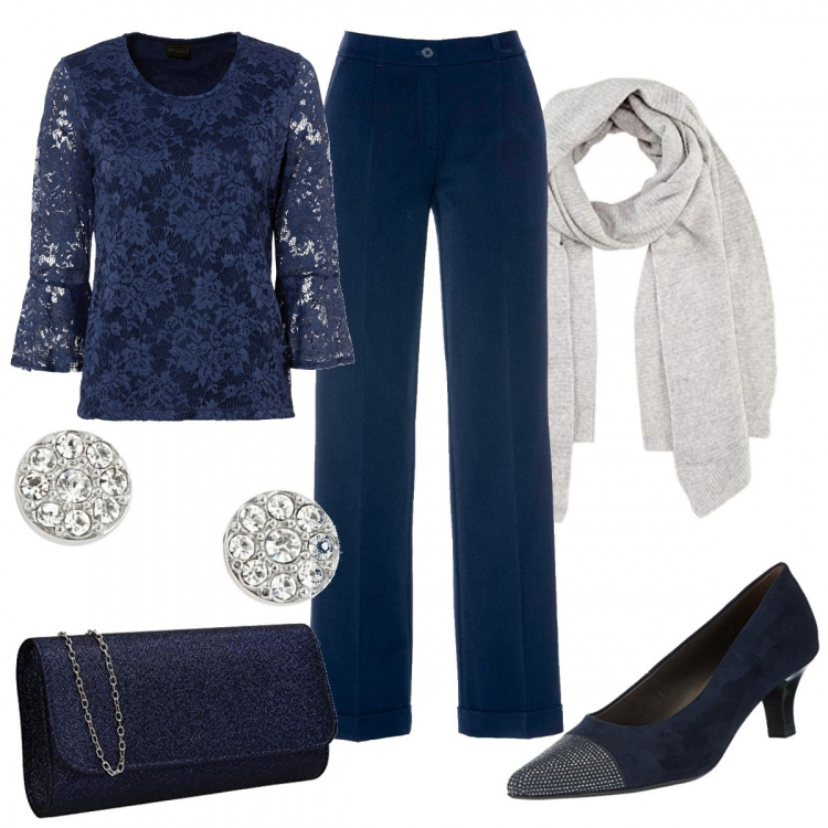 Outfit donna - Serata in blu. Stile Bon Ton per Serata fuori. Abbinamento con pantaloni, bluse, scarpe col tacco, sciarpe, pochette, orecchini.