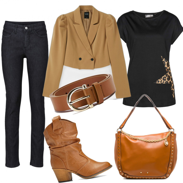 Outfit donna - Texas look. Stile Trendy per Tutti i giorni. Abbinamento con stivaletti texani, jeans skinny, maglieria, cinture, giacche, borse a spalla.