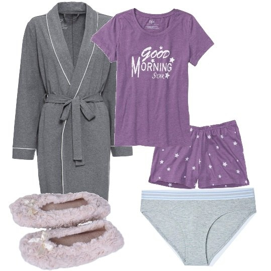 Outfit donna - Buonanotte viola. Stile Basic per Tutti i giorni. Abbinamento con pigiama, vestaglie, pantofole, slip.
