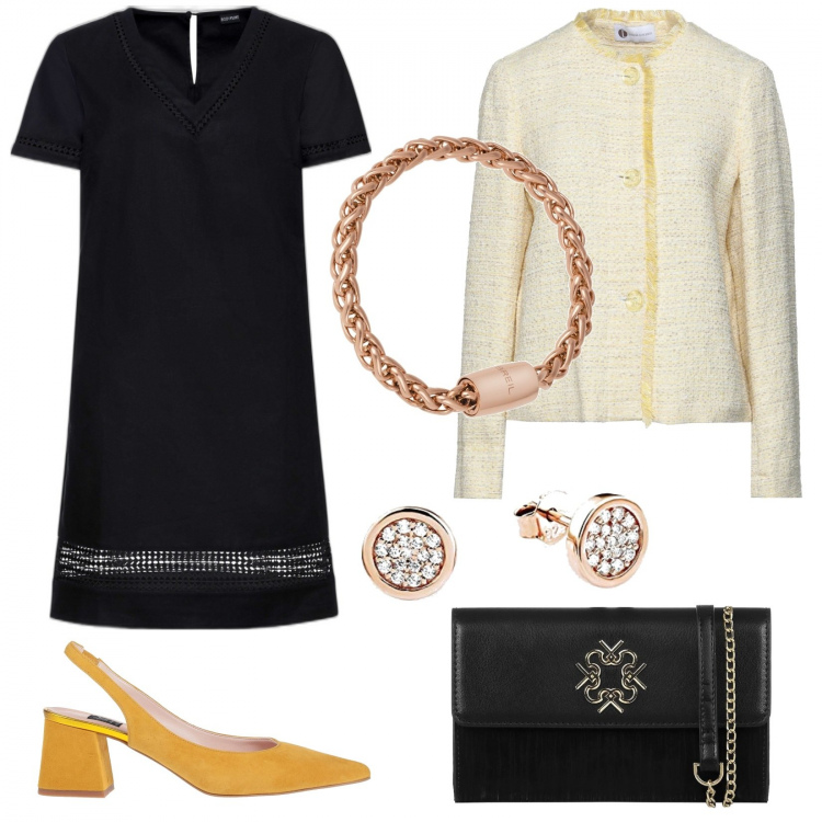 Outfit donna - Idee per una cerimonia. Stile Chic per Cerimonia. Abbinamento con vestiti, blazer, décolleté, braccialetti, pochette, orecchini.