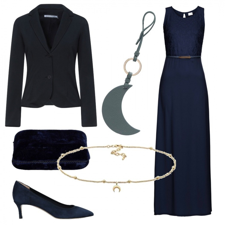 Outfit donna - Total blue. Stile Chic per Serata fuori. Abbinamento con vestiti lunghi, blazer, décolleté, portachiavi, collane, pochette.