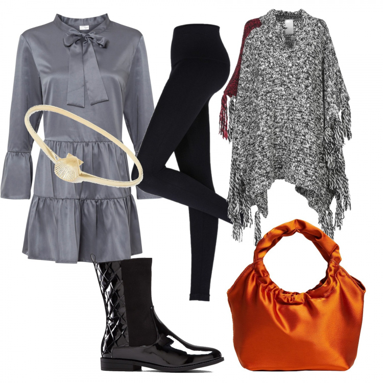 Outfit donna - Tessuti lucidi. Stile Glamour per Tutti i giorni. Abbinamento con leggings, tuniche, stivaletti, cappe, borse a mano, cinture.