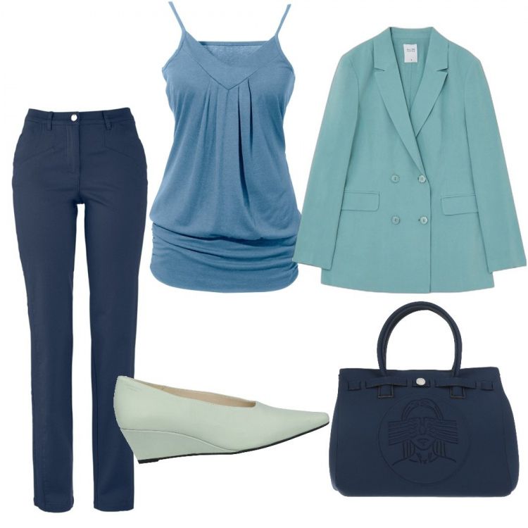Outfit donna - Casual chic #5408. Stile Casual chic per Ufficio. Abbinamento con top, pantaloni, décolleté, borse a mano, giacche, orecchini.