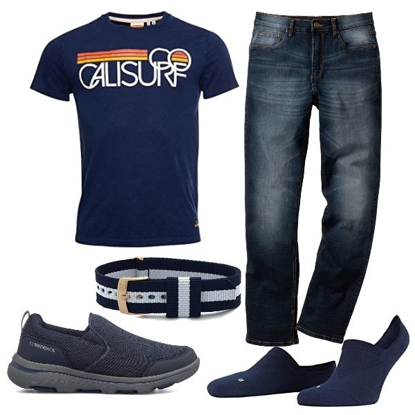 Outfit uomo - Casual in blu. Stile Casual per Tutti i giorni. Abbinamento con jeans dritti, sneakers, calzini, t-shirt, braccialetti.