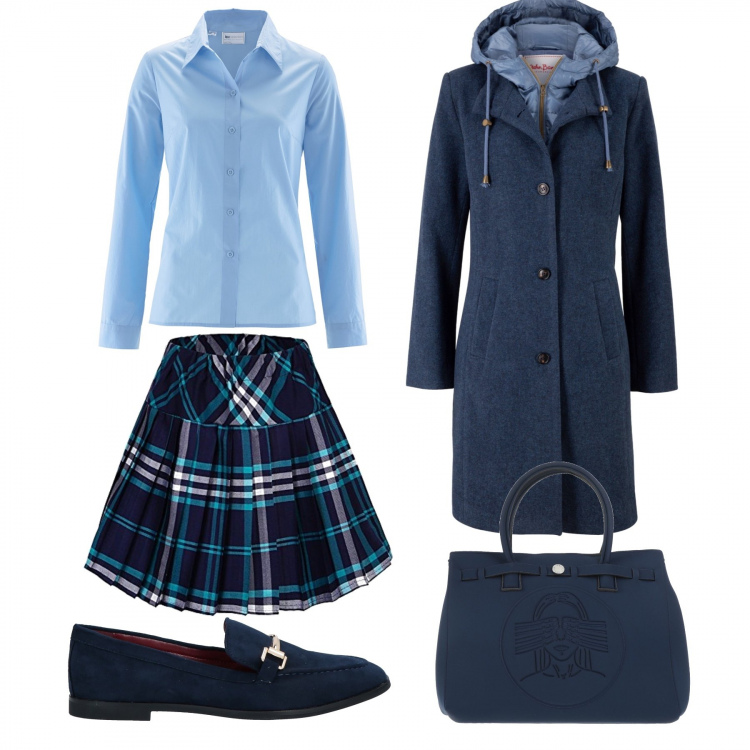 Outfit donna - College style. Stile Trendy per Scuola/Università. Abbinamento con cappotti, camicie, mocassini, borse a mano, gonne.
