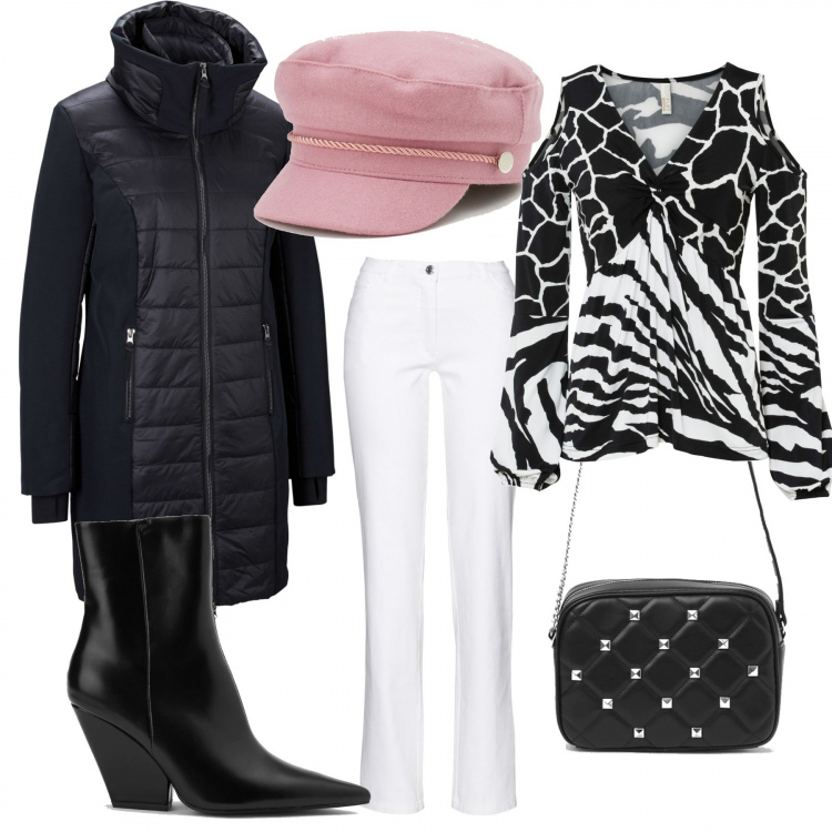 Outfit donna - Accenno di rosa. Stile Chic per Tutti i giorni. Abbinamento con pantaloni, maglieria, blazer, stivaletti texani, cappelli, borse a tracolla.
