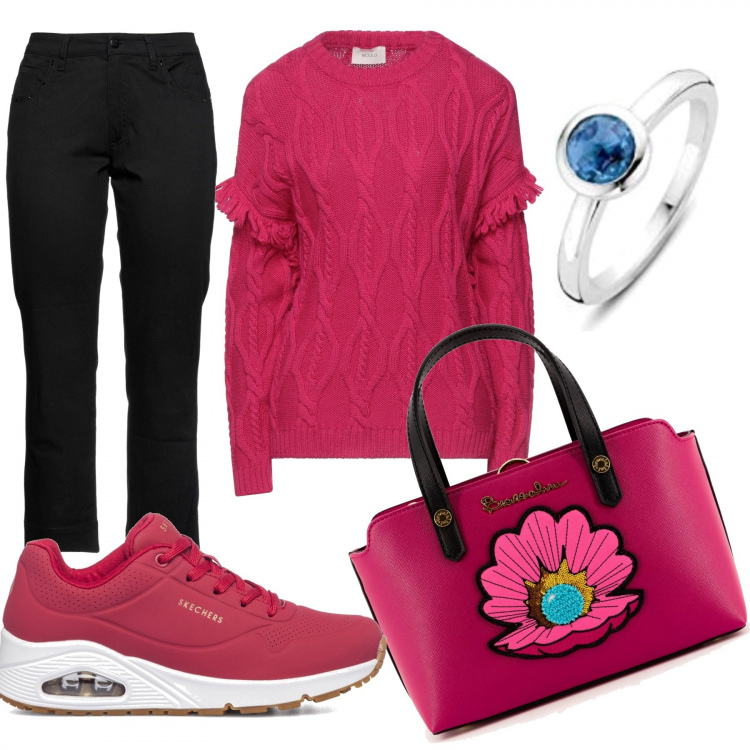 Outfit donna - Tutti i giorni con stile. Stile Casual per Tutti i giorni. Abbinamento con pullovers, pantaloni, borse a mano, sneakers, anelli.