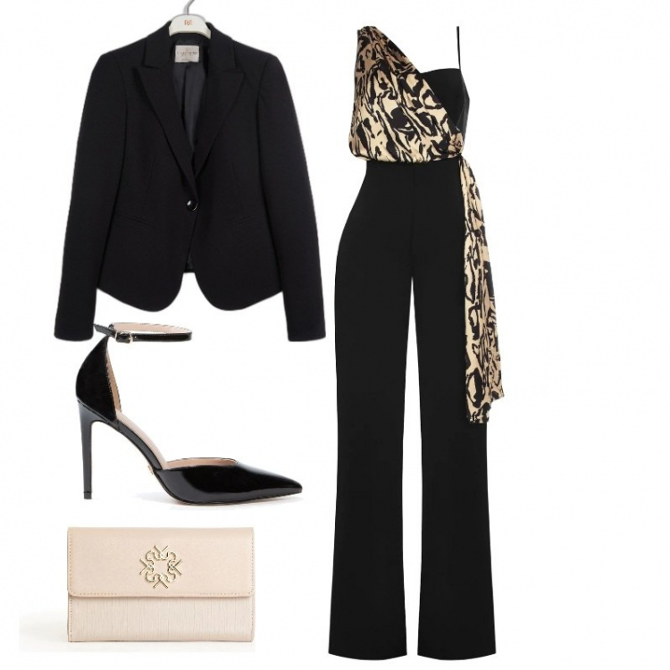 Outfit donna - Serata a teatro. Stile Glamour per Serata fuori. Abbinamento con blazer, tute, scarpe col tacco, pochette.