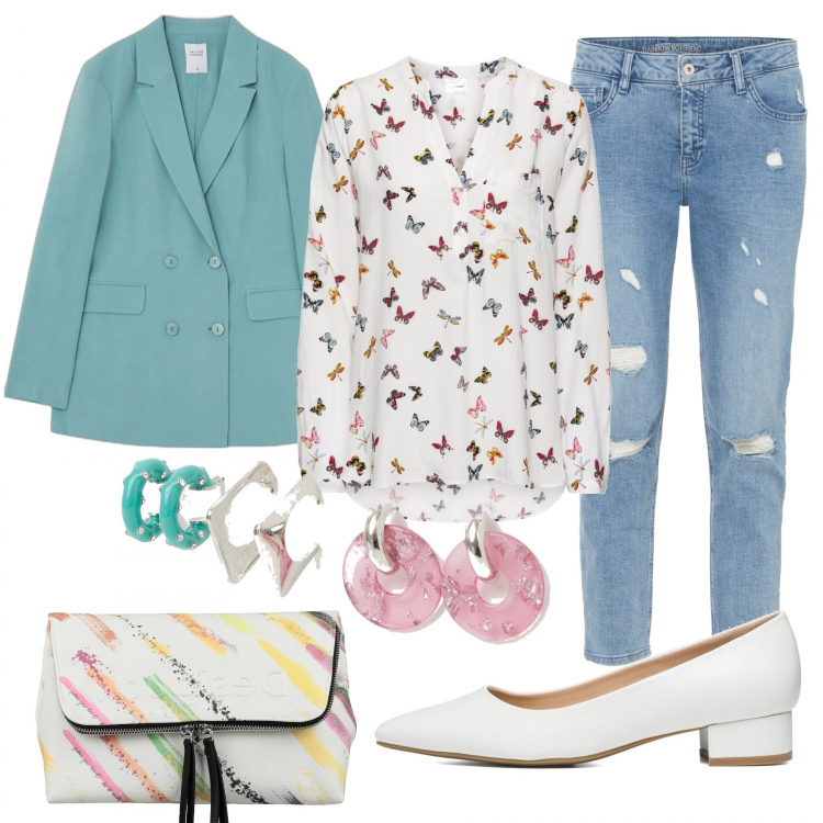 Outfit donna - Voglia di leggerezza. Stile Trendy per Tutti i giorni. Abbinamento con bluse, jeans boyfriend, borse a mano, giacche, orecchini, décolleté.