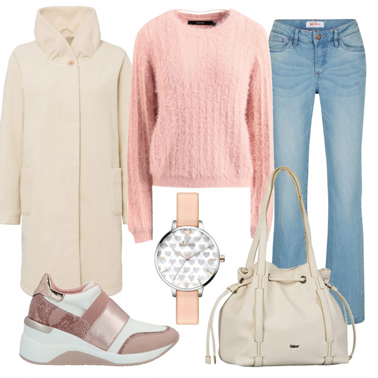 Outfit donna - Total look #1289211. Stile Casual per Tutti i giorni. Abbinamento con jeans bootcut, cappotti, sneakers, pullovers, shopping bag, orologi analogici.