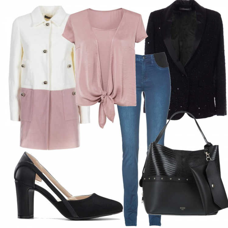 Outfit donna - Total look #1289242. Stile Romantica per Tutti i giorni. Abbinamento con jeans skinny, bluse, décolleté, borse a mano, cappotti, blazer.