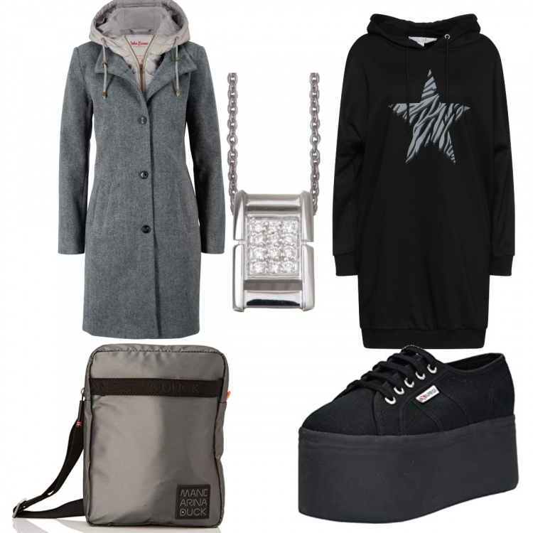 Outfit donna - Total look #1289300. Stile Urban per Tutti i giorni. Abbinamento con cappotti, vestiti corti, ciondoli, sneakers alte, borse a tracolla.