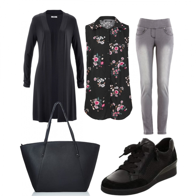 Outfit donna - Total look #1289312. Stile Basic per Tutti i giorni. Abbinamento con jeans slim fit, cardigans, camicie, sneakers, shopping bag.