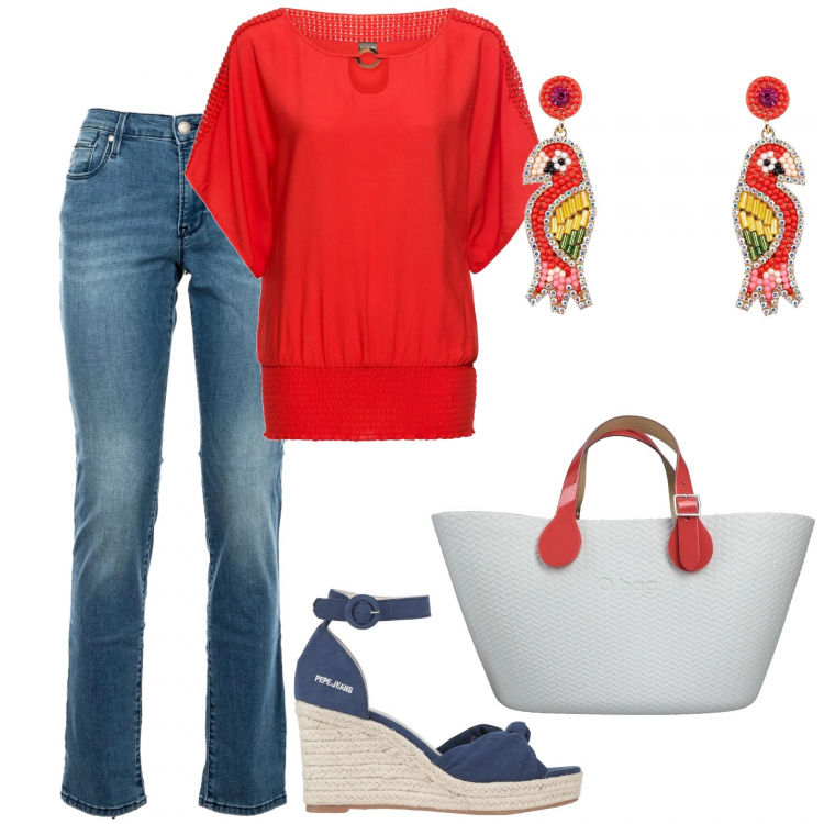 Outfit donna - Jeans e blusa rossa. Stile Urban per Tutti i giorni. Abbinamento con bluse, sandali col tacco, borse a mano, orecchini, jeans skinny.