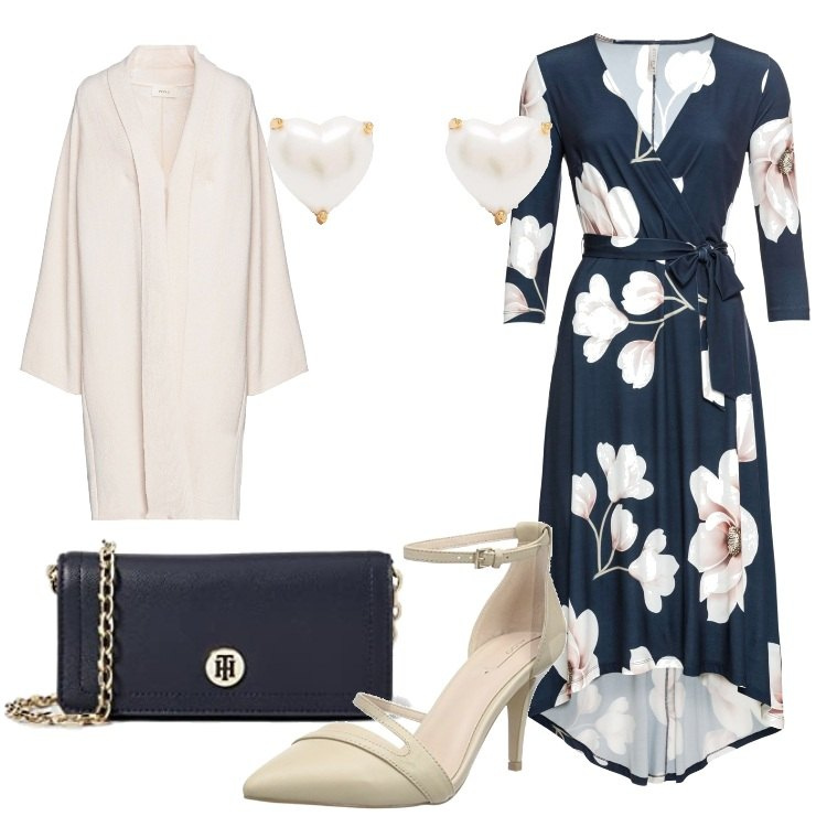 Outfit donna - Cerimonia primaverile Plus Size. Stile Chic per Cerimonia. Abbinamento con vestiti lunghi, cardigans, orecchini, scarpe col tacco, borse a tracolla.