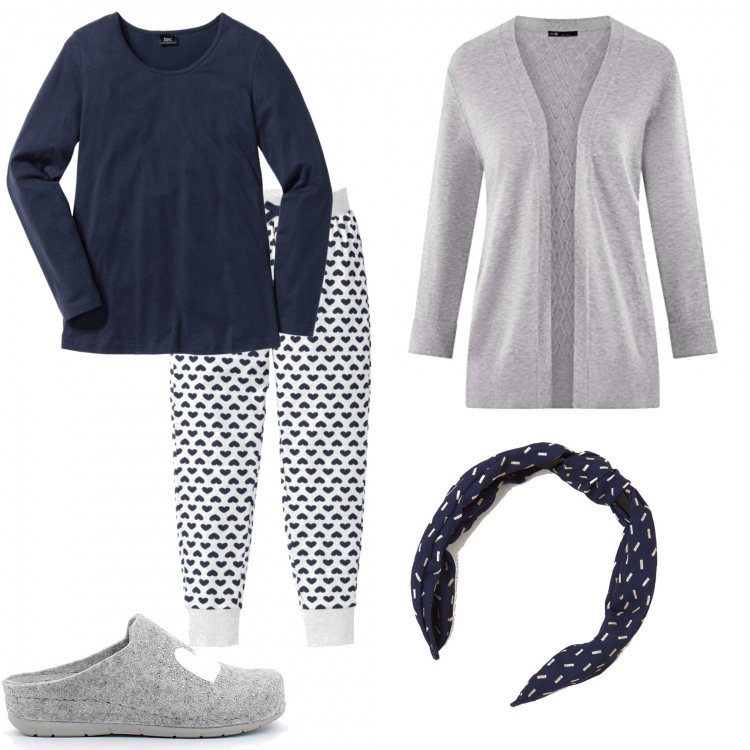 Outfit donna - A casa. Stile Basic per Tutti i giorni. Abbinamento con pigiama, cerchietti, ciabatte, cardigans.
